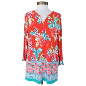 Pappagallo Red Floral Print Tunic Top 3/4 Sleeve Medium Stretch Jersey